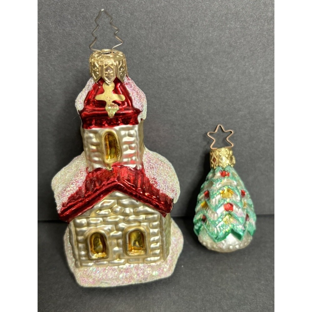 2 Glass Christmas Ornament Church with Glitter Snow and Glitter Christmas Tree